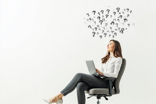 Woman in office chair pondering social media responses with question marks above her head