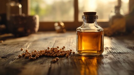 Rustic bottle of golden oil with soybeans around, isolated on a wooden table with natural lighting