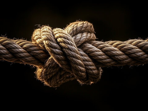 Close-up of a thick rope knot against a dark background for nautical and strength concepts