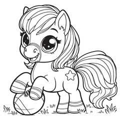 Cute Horse Playing Football Coloring Page, Cartoonish Style