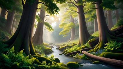 a forest with a stream running through it and a forest with trees in the background.