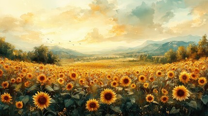 Fototapeta premium Serene sunset over vast sunflower field in rolling hills.