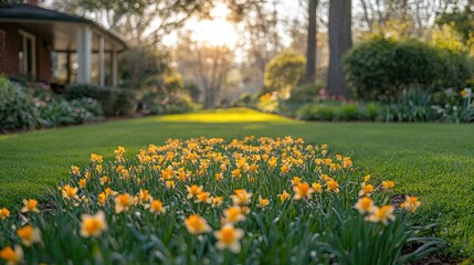 Fototapeta premium Sunlit garden path with daffodils, leading to a house.