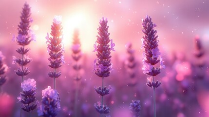 Obraz premium Sunset over a field of lavender flowers.