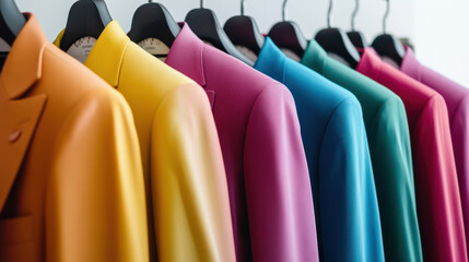 Vibrant collection of brightly colored suits subtly textured fabrics. joyful display of style and sophistication