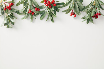 Christmas holiday background featuring green holly branches with red berries arranged along the top...