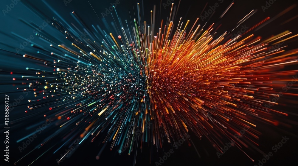 Poster Vibrant Explosion of Colorful Light Rays in a Dark Background, Abstract Pattern Representing Energy, Motion, and Technology in Digital Art Creation