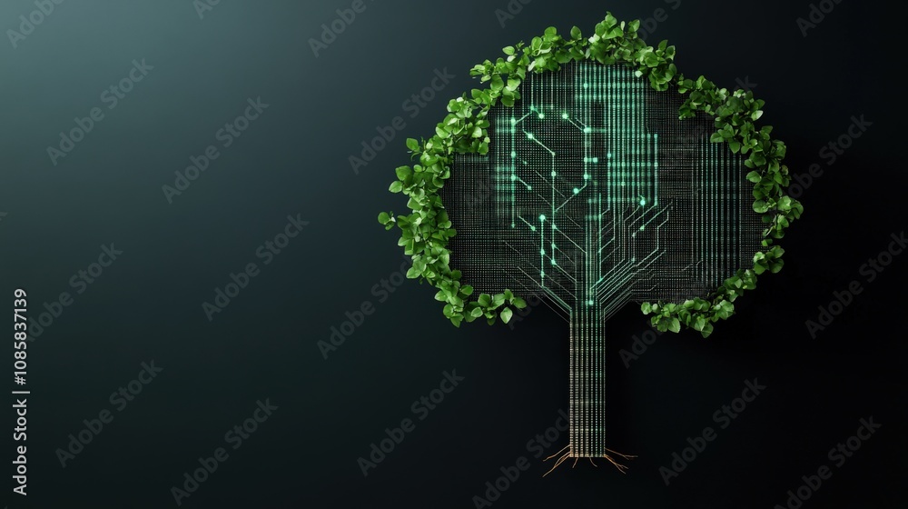 Poster digital tree concept with circuit design and green leaves representing nature and technology integra