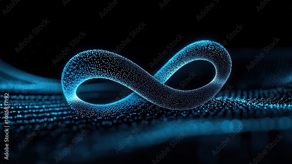 Poster Stunning 3D Representation of an Infinity Symbol with Bright Blue Particles on a Dark Background for Digital Art and Technology Concepts
