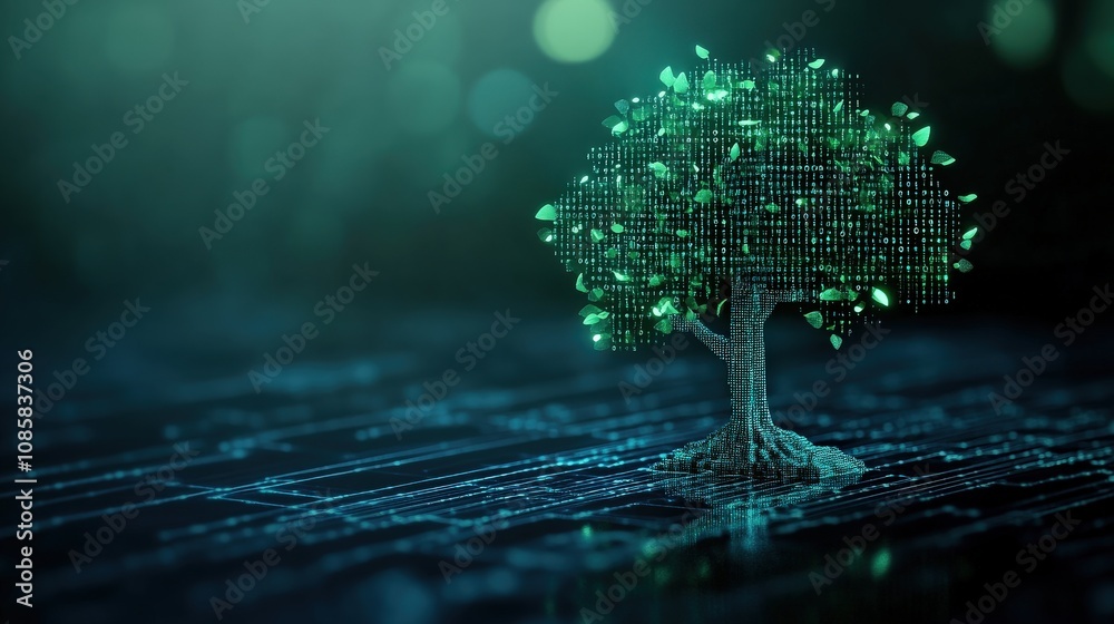 Poster Digital Tree Growing from Binary Code Representing Technology, Nature, and Sustainability in a Futuristic Environment with Sparkling Lights and Green Leaves