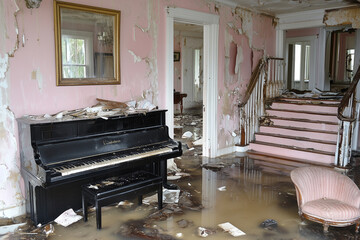 A flood and hurricane damaged luxury historic home. A piano and antique furniture are soaked and destroyed in the flooded interior of a classic Victorian home that has been destroyed by severe weathe  © Hoss