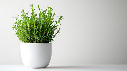 Elegant and Simple Arrangement of a Vibrant Tarragon Plant in a White Ceramic Pot for Minimalistic Product Packaging Design