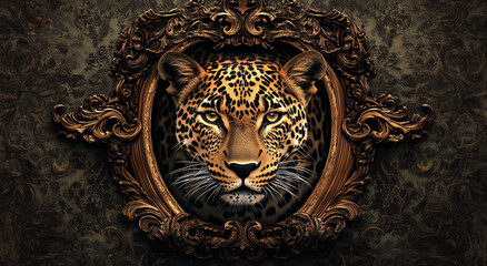 A digital artwork features a leopard's head and shoulders, centered in an elaborate gold frame against a dark, textured backdrop