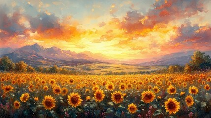 Fototapeta premium Vibrant sunset over a vast sunflower field, majestic mountains in the background.