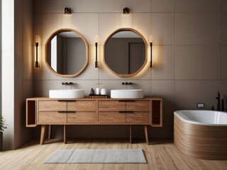 Modern bathroom with wooden cabinets, dual sinks, and arched mirrors, light background. Contemporary home or hotel concept. 3D Rendering