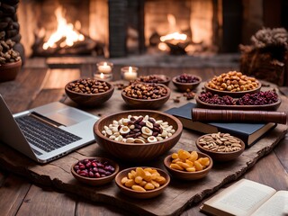 Fototapeta premium A Rustic Wooden Table with Delicately Arranged Dry Fruits