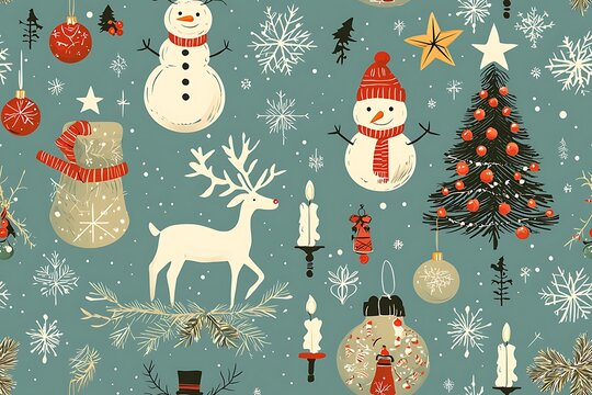christmas seamless pattern with snowman, gift box, candle, tree and stars