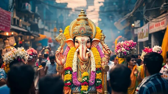 A man is holding a large ganesh idol in a crowded market