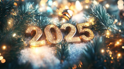 Festive Metallic 2025 Decorations on Bright Background