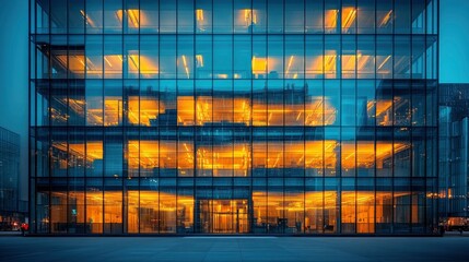 Night view of illuminated curtain wall maintenance operation