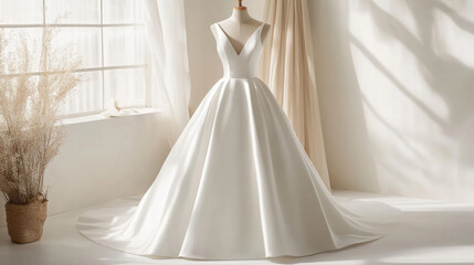Elegant satin wedding dress flowing silhouette V neckline timeless design bridal gown romantic sophisticated pure classic simple white dress gown satin fabric wedding bride fashion clothing apparel