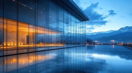 Night view of illuminated curtain wall maintenance operation