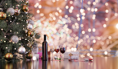 Wine glasses in merry chrismast and happy new year celebration scene, 3d illustration rendering