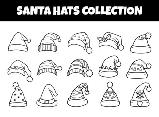 Santa hats outline vector illustration set