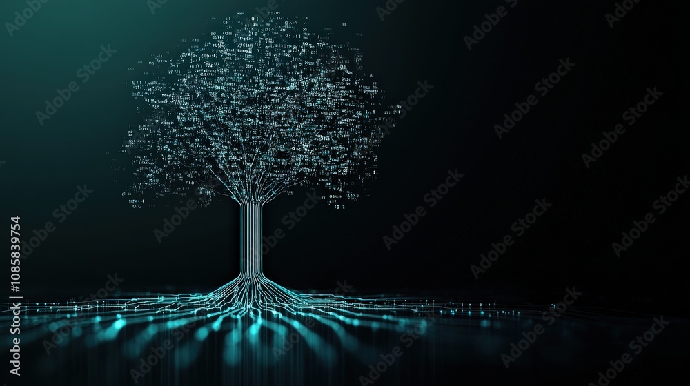 Aufkleber Digital Tree Representation with Binary Code Illustrating Technology Growth and Data Connectivity in a Creative Futuristic Landscape
