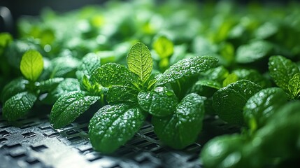 vibrant fresh green leaves arranged beautifully on a metallic surface