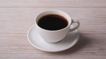 A simple white cup filled with black coffee, placed on a saucer against a light wooden background.