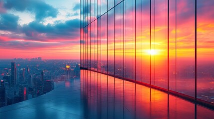 Sunset reflection in curved curtain wall corner detail