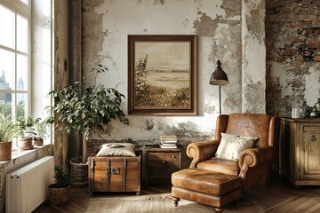 Mockup frame in farmhouse living room interior, 3d render 