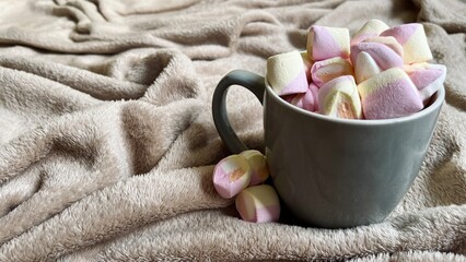 cup of cocoa and marshmallows on a blanket background