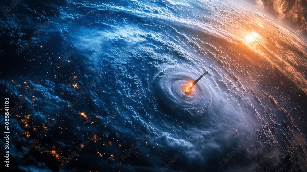 Wall mural a stunning view of a powerful cyclone in outer space with vibrant colors and a fiery core surrounded