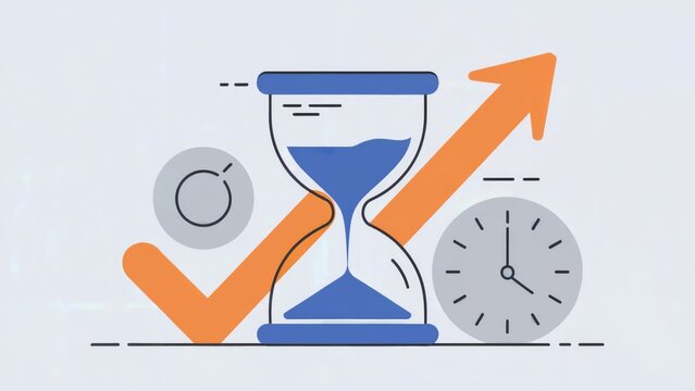 Time Management and Efficiency Concept - Hourglass with Checkmark and Clock Icon Minimalist Illustration