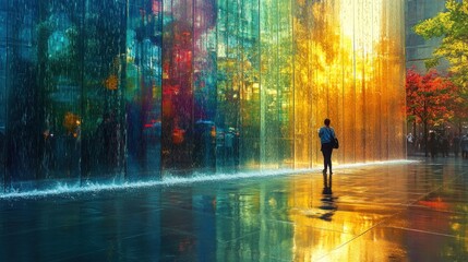 Rain water cascading down multi-story curtain wall surface
