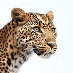 A close-up of a majestic leopard showcasing its stunning spotted coat and intense gaze against a soft, neutral background. isolated on white background.