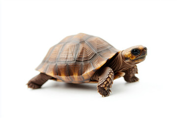 Fototapeta premium A close-up of a tortoise crawling on a white background, showcasing its unique shell patterns and textures. isolated on white background.