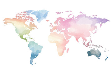 Obraz premium A colorful watercolor map of the world depicting continents and oceans creatively. transparent background
