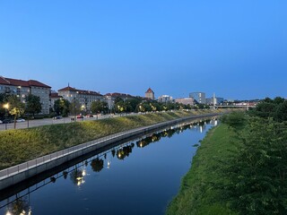 Fototapeta premium Kaunas panorama Nemunas island Zalgiris arena evening view
