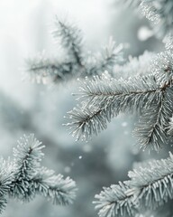 White sparkling winter background, close-up view of silver and dark green spruce branches. New Year background.