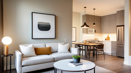 Stylish modern living room with white sofa, artistic decor, and a cozy kitchen area, ideal for contemporary home design.