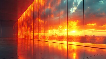 Sunset creating golden reflection across entire curtain wall
