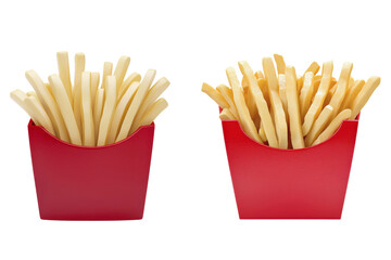 Two red cups filled with delicious golden French fries, perfect for any meal. transparent background