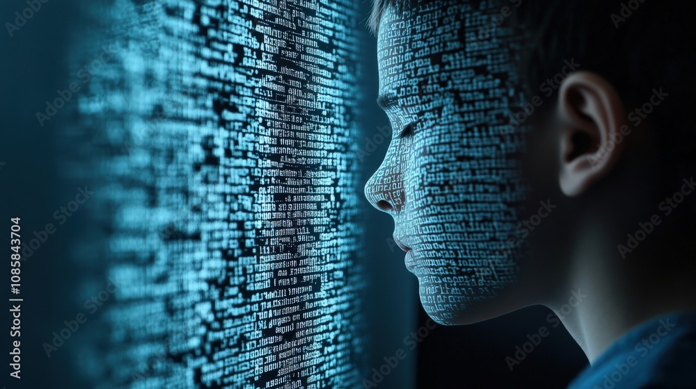 Poster A Young Boy Contemplating the Digital Age, His Face Merged with Glowing Binary Code Representing Technology, Data, and the Future of Communication in a Modern World