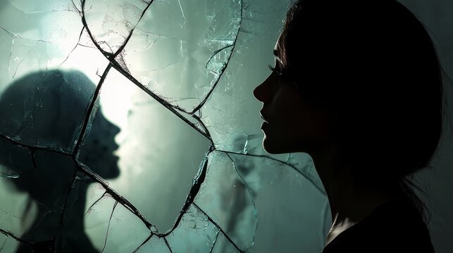 Distorted reflection of person in cracked mirror, shadows in background, symbolizing self-doubt and insecurity