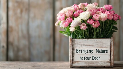 Seasonal blooms in rustic wooden box, promoting flower delivery with "Bringing Nature to Your Door" concept.