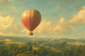 Obraz premium Vibrant Hot Air Balloon Floating Over Picturesque Valley