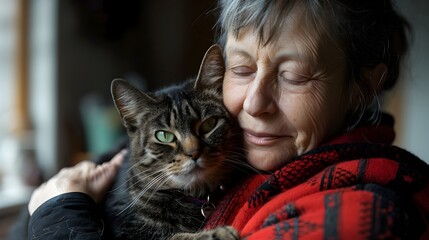 Compassionate Woman Providing Gentle Care to Her Feline Companion at Home